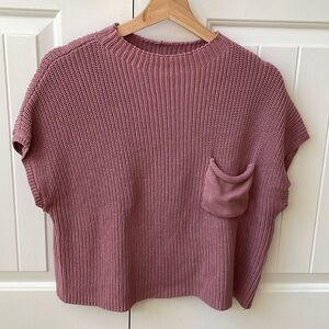 Zenana Short Sleeve Sweater Top Rose pink mock neck pocket front knit medium